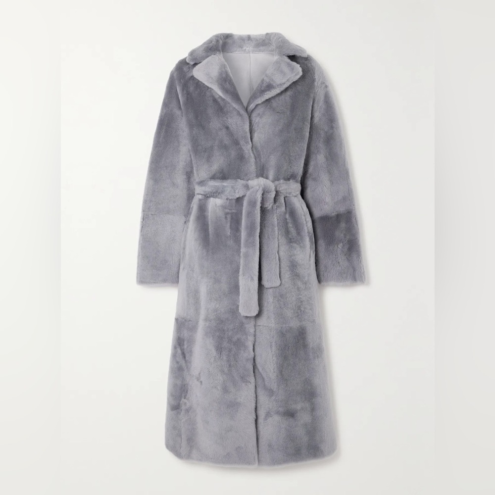 NWT Yves Salomon Reversible Belted Gray Shearling Coat Sz 44 US 12-14